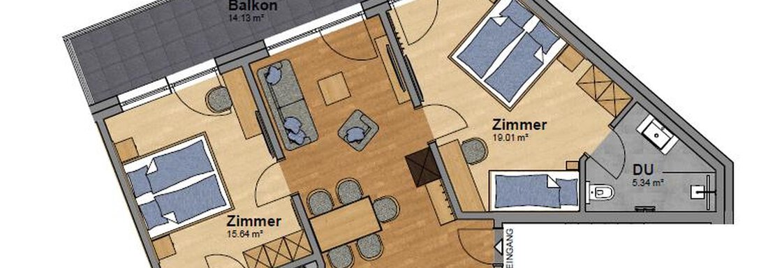 A floor plan of an apartment with several rooms, a living kitchen, and a balcony. The rooms are clearly arranged and include a total of three showers. - Peak Gurgl - Obergurgl 