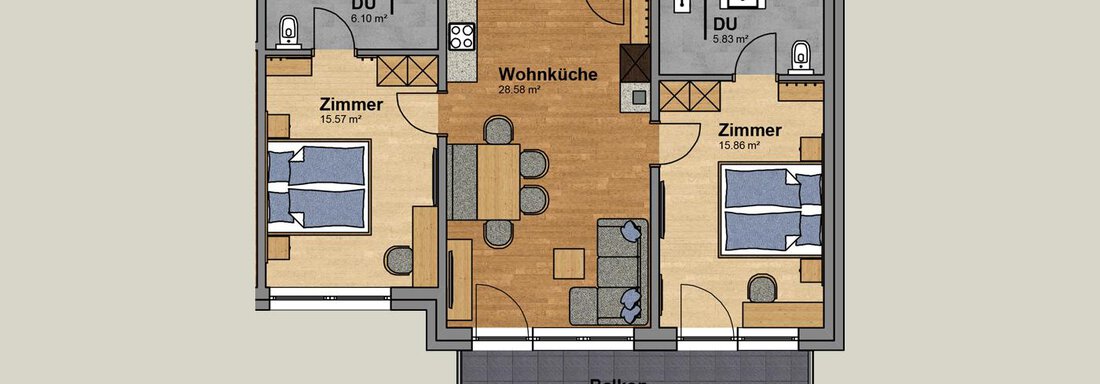 An apartment floor plan with two bedrooms, a living kitchen, and two bathrooms. The balcony is also drawn in. - Peak Gurgl - Obergurgl 