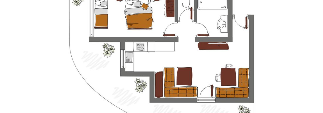 The floor plan shows an apartment with two bedrooms, a bathroom, and an open living area. The furniture is simply arranged to provide a functional space. - Schönblick Gurgl - Obergurgl 
