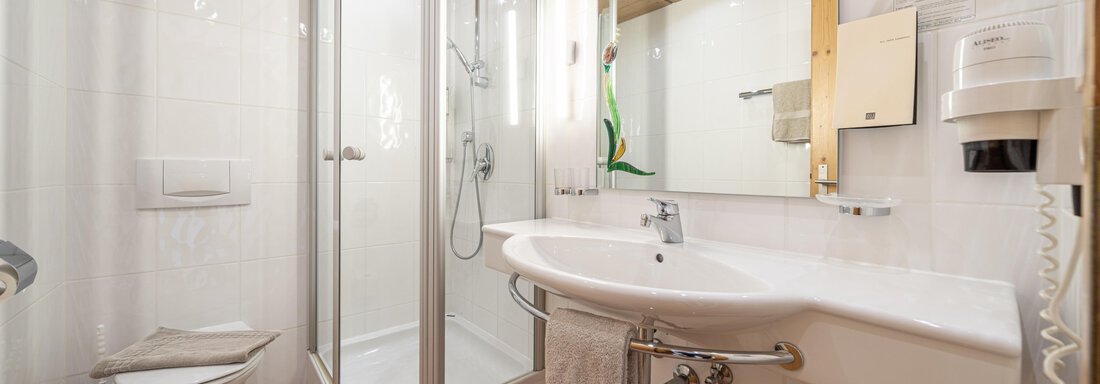 A modern bathroom with a shower, sink, and tiled floor. The walls are painted in light colors, and there is a large mirror. - Schönblick Gurgl - Obergurgl 