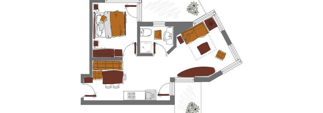 A floor plan drawing of an apartment with various rooms. The rooms include a bedroom, a living room, and a kitchen. - Schönblick Gurgl - Obergurgl 