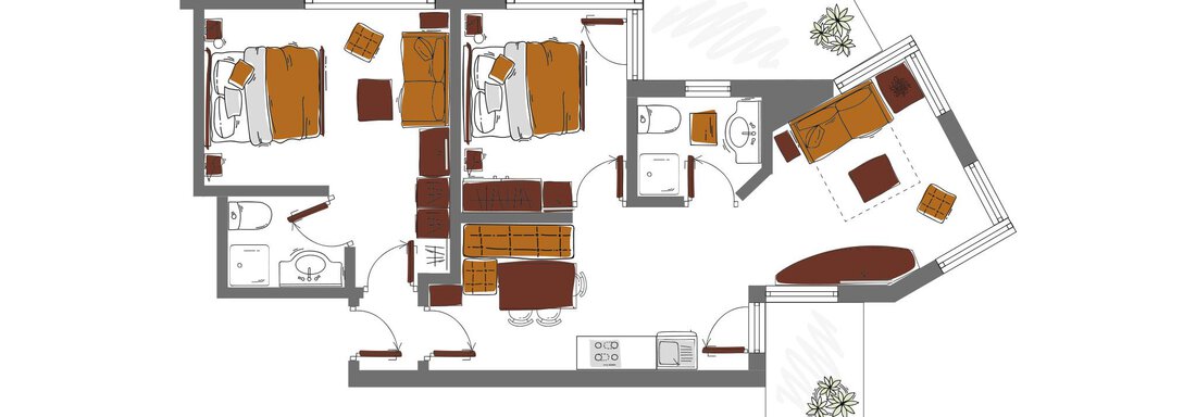 A detailed floor plan of an apartment. The rooms are clearly arranged and include bedrooms, a living room, and bathrooms. - Schönblick Gurgl - Obergurgl 