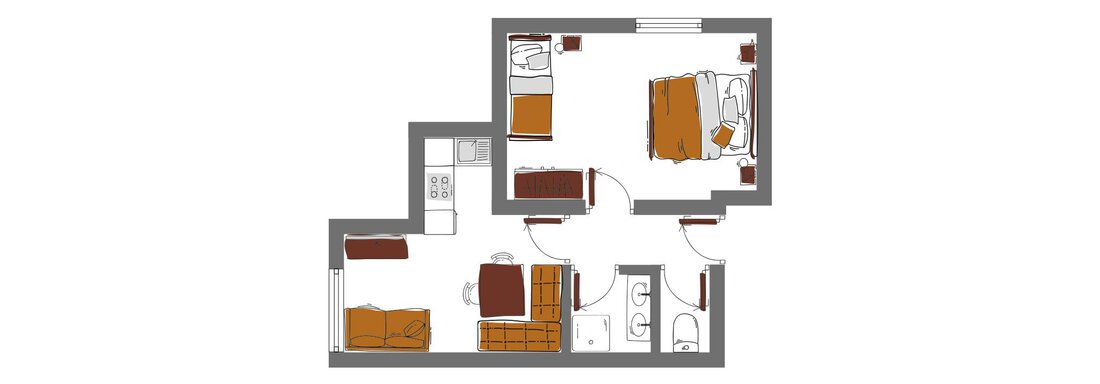 A schematic representation of an apartment with one bedroom, one living room, and one kitchen. The rooms are simply arranged and sketched with furniture. - Schönblick Gurgl - Obergurgl 