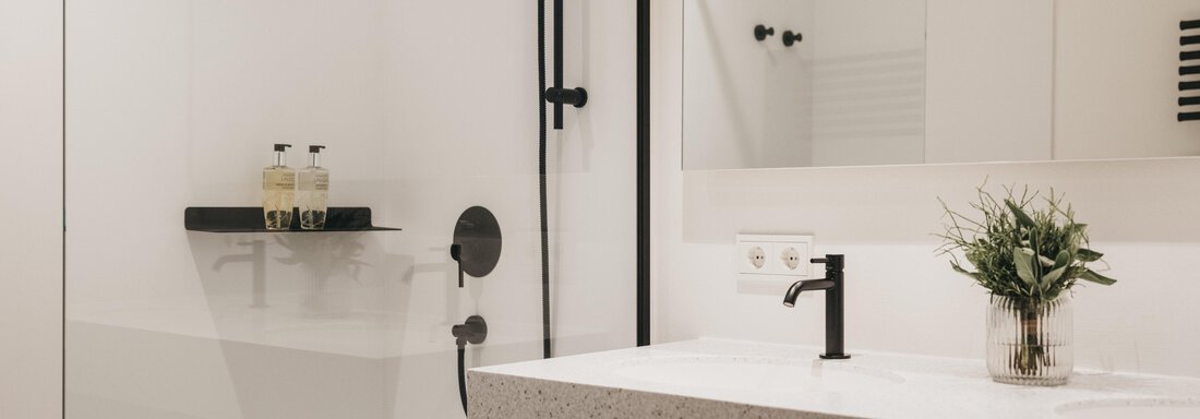 A modern bathroom with a shower and an elegant sink. The decor is simple and bright, with plants and selected toiletries. - The Crystal VAYA Unique - Obergurgl 
