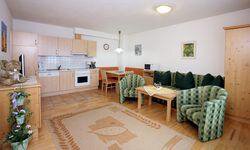 Ein gemütliches Wohnzimmer mit einer offenen Küche. Die Sitzecke ist mit grünen Sessel und einem Holztisch ausgestattet. - Appartement Haus König - Obergurgl 