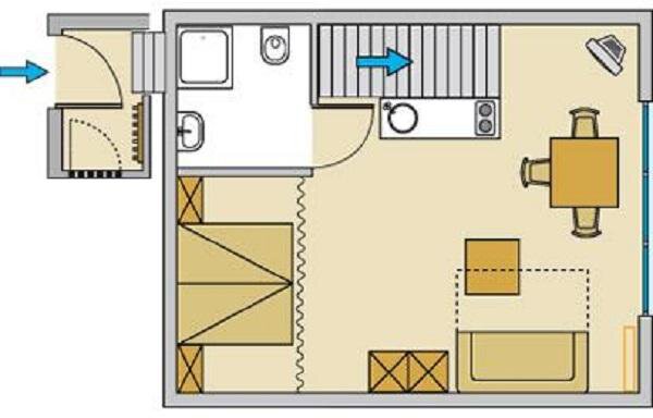 A floor plan with a living room, a kitchen, and a bathroom. On the left is the access to a staircase that leads to another room. - Ferienwohnungen Broser - Obergurgl 