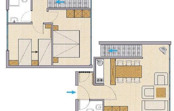 The image shows a floor plan of two stories of a house. Above are bedrooms and bathrooms, below are a living area and a kitchen. - Ferienwohnungen Broser - Obergurgl 