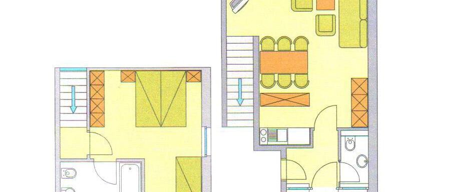 A floor plan of two levels. The upper level shows a living room and kitchen, while the lower level represents bedrooms and bathrooms. - Ferienwohnungen Broser - Obergurgl 