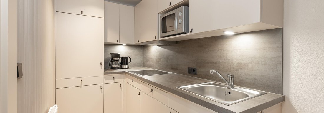 A modern kitchen with light cabinets and a gray countertop. There is a sink, a microwave, and a coffee maker. - Haus Verwall Appartements - Obergurgl 