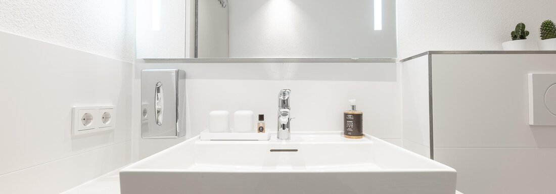 A modern bathroom with an elegant sink on a white countertop. There is a mirror and some decorative elements in the background. - Haus Verwall Appartements - Obergurgl 