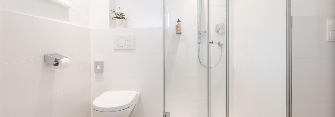 A modern bathroom with a glass shower cabin and a toilet. The walls are painted in bright white, which makes the room appear friendly and flooded with light. - Haus Verwall Appartements - Obergurgl 