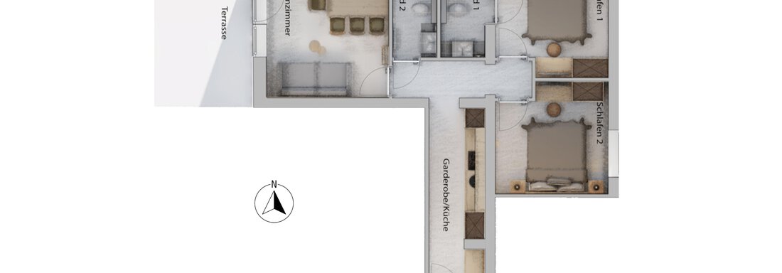 A floor plan drawing of an apartment with two bedrooms, a living area, and a kitchen. The rooms are clearly depicted, including their arrangement. - Haus Verwall Appartements - Obergurgl 