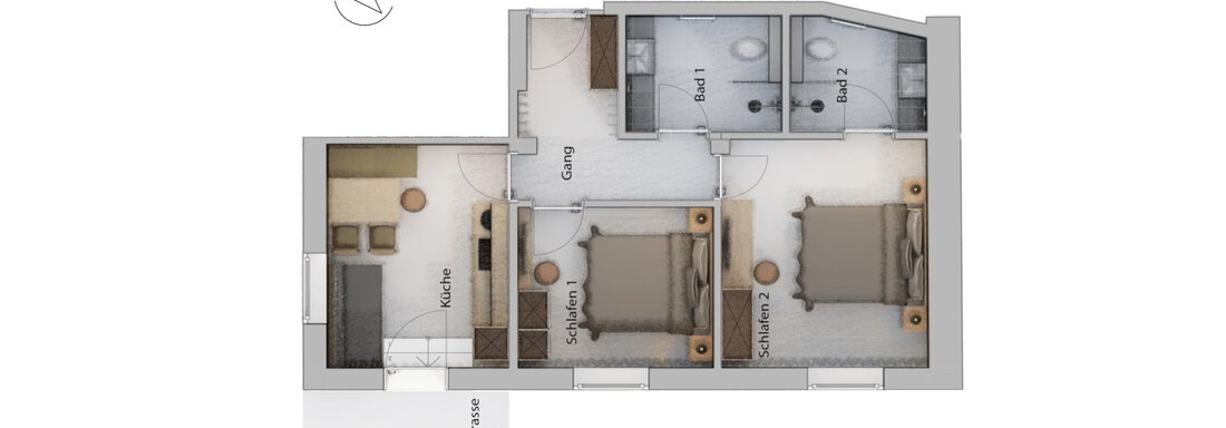 The image shows a floor plan of an apartment with two bedrooms, a bathroom, and a living area. The rooms are functionally arranged and provide enough space. - Haus Verwall Appartements - Obergurgl 