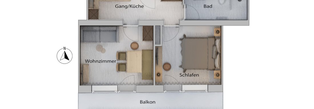 A floor plan drawing of an apartment with a balcony. The rooms include a living room, a kitchen, a bedroom, and a bathroom. - Haus Verwall Appartements - Obergurgl 