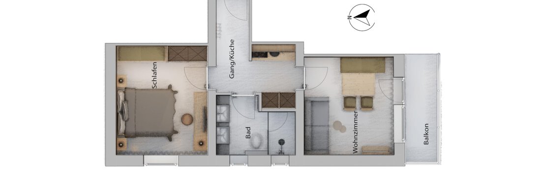 A floor plan drawing of an apartment with a bedroom, kitchen, and living room. The rooms are clearly arranged and separated by walls. - Haus Verwall Appartements - Obergurgl 