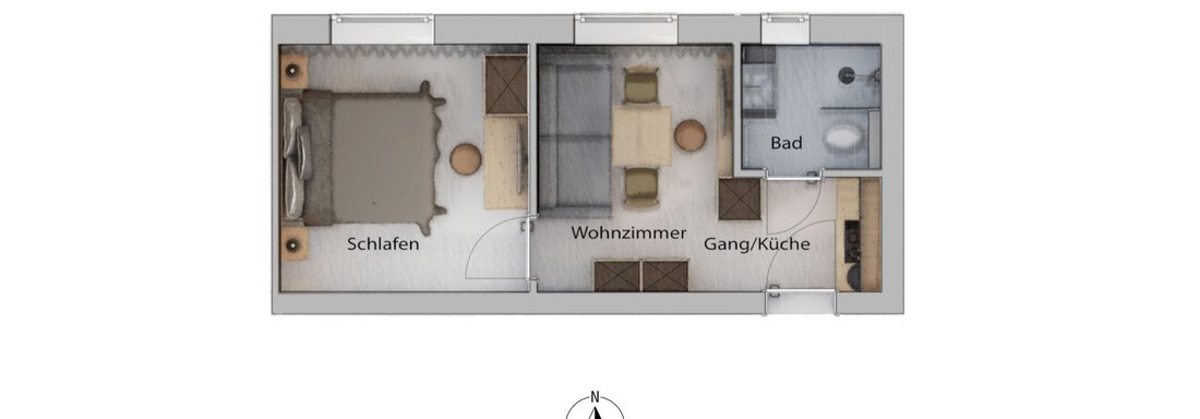 A simple floor plan drawing of an apartment. The rooms are labeled as bedroom, living/dining room, kitchen, and bathroom. - Haus Verwall Appartements - Obergurgl 