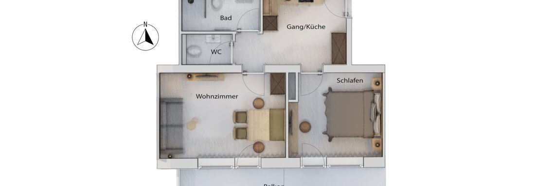 A floor plan sketch of an apartment with several rooms. The areas include a living room, bedroom, bathroom, and kitchen. - Haus Verwall Appartements - Obergurgl 