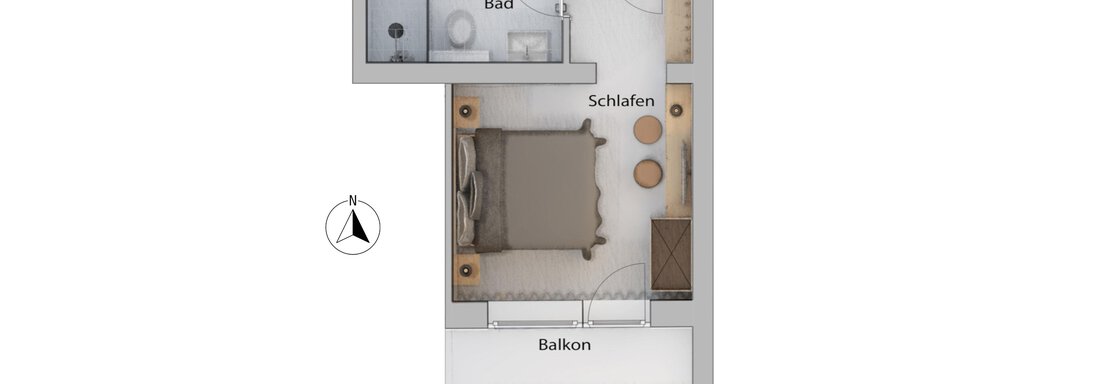 A simple floor plan drawing of an apartment. It shows a bedroom with a balcony and a bathroom. - Haus Verwall Appartements - Obergurgl 