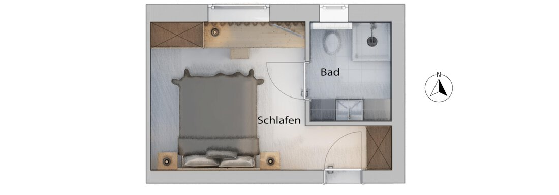 A simple room layout with one bedroom and one bathroom. The bedroom is equipped with a bed and two nightstands. - Haus Verwall Appartements - Obergurgl 