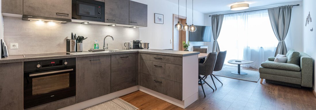 A modern kitchen with gray cabinets and high-quality appliances. In the background, there is a cozy living area with a sofa and a table. - Mein Gaisberg - Obergurgl 