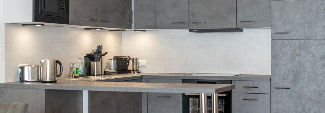 A modern kitchen with gray cabinets and minimalist design. The amenities include a stove, refrigerator, and cooking utensils. - Mein Gaisberg - Obergurgl 