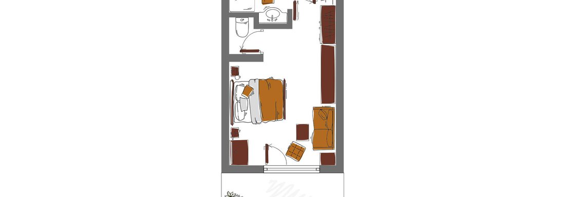 A floor plan of a small living space. The plan shows a bedroom, a bathroom, and an open living area. - Schönblick Gurgl - Obergurgl 