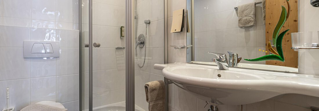 A modern bathroom with a shower cabin and a sink. The walls are bright, and the furnishings are functional. - Schönblick Gurgl - Obergurgl 