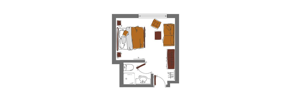 A floor plan of a room with a bed, a table, and a bathroom. The furniture is simply arranged and well visible. - Schönblick Gurgl - Obergurgl 