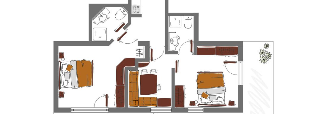 An apartment with two bedrooms, each with its own bathroom. The kitchen and living area are centrally arranged. - Schönblick Gurgl - Obergurgl 
