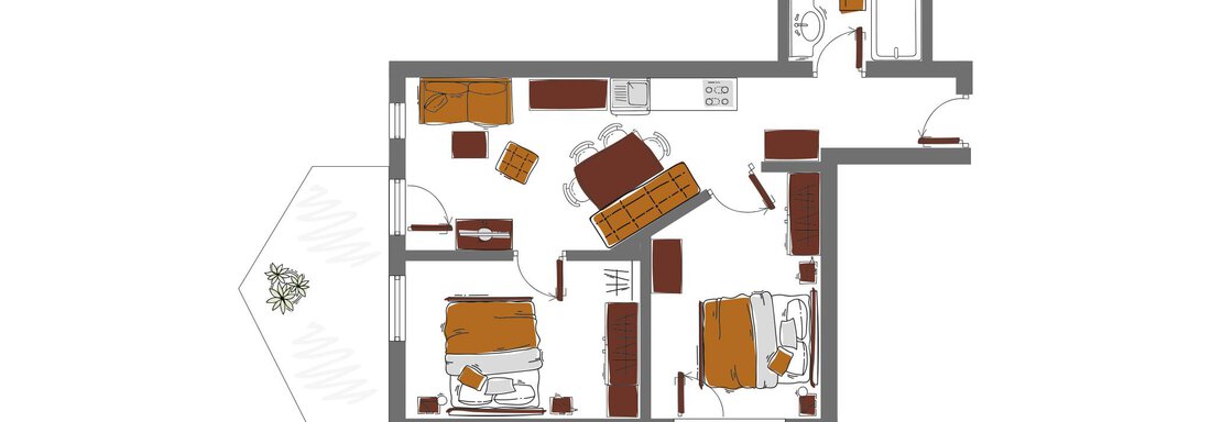 A floor plan of a house with several rooms. The furnishing includes bedrooms, living rooms, and bathrooms. - Schönblick Gurgl - Obergurgl 
