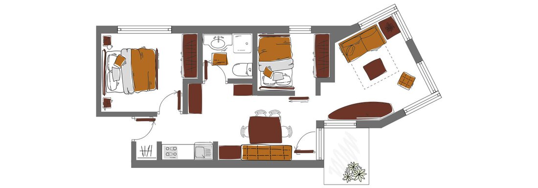 A floor plan of an apartment with several rooms. The rooms are simply arranged and sketched with furniture. - Schönblick Gurgl - Obergurgl 