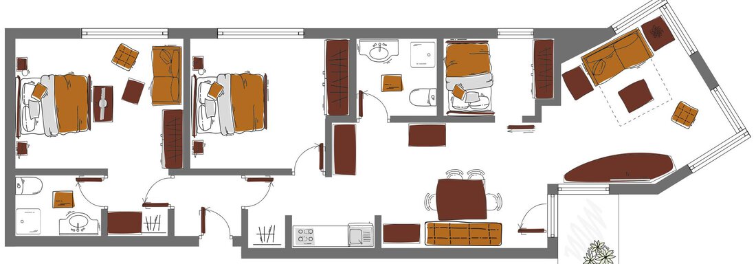 A floor plan drawing of an apartment with several rooms. The rooms are outlined with furniture such as beds and tables. - Schönblick Gurgl - Obergurgl 