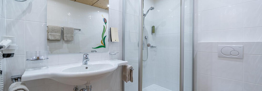 A modern bathroom with a shower, a sink, and a toilet. The walls are bright and neutral, with a wood ceiling panel. - Schönblick Gurgl - Obergurgl 