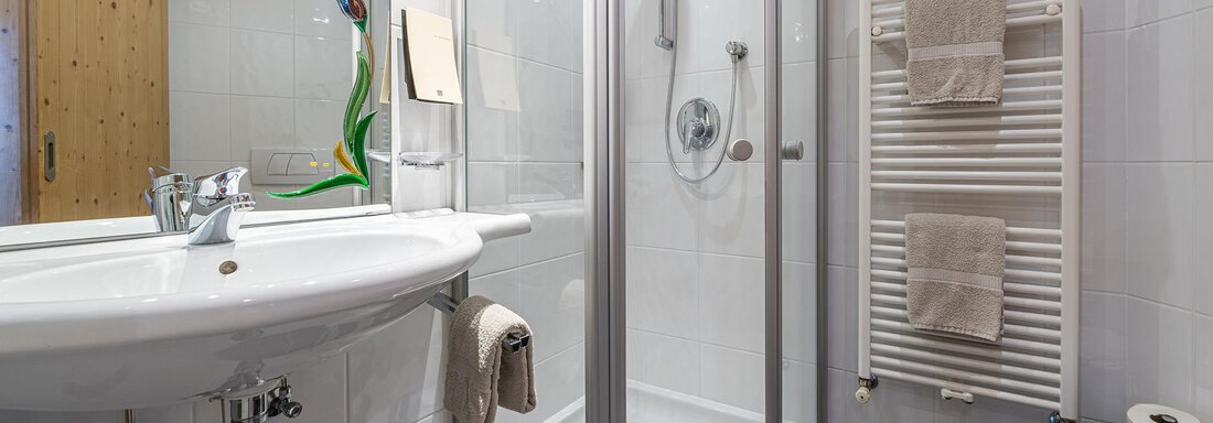 A modern bathroom with a shower cubicle and a sink. The walls are tiled in light colors, and the wooden ceiling creates a pleasant atmosphere. - Schönblick Gurgl - Obergurgl 