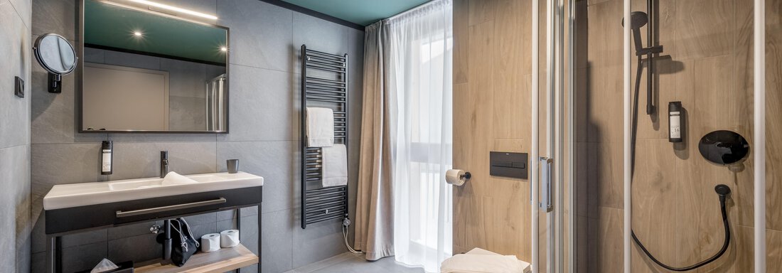 A modern bathroom with an elegant sink and a shower. Large windows provide plenty of daylight. - The Moss - Your unique hideaway - Obergurgl 
