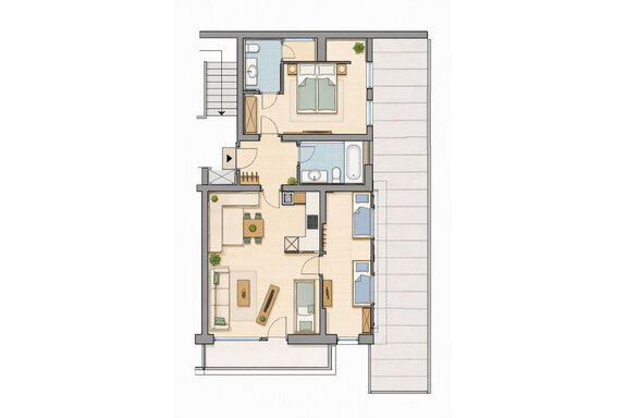 A floor plan drawing of an apartment with two bedrooms, a living room, and two bathrooms. The rooms are clearly arranged and contain furniture and plants. - Almhof Mareil - Ochsengarten