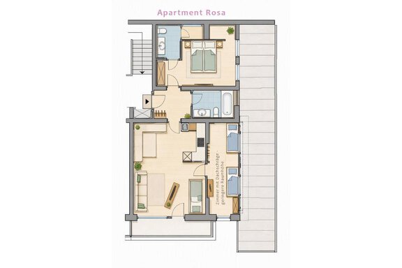 A floor plan representation of the Rosa apartment. The apartment has two bedrooms, a bathroom, and a living area. - Almhof Mareil - Ochsengarten