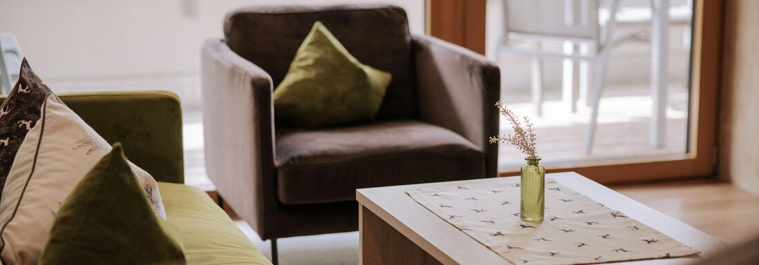 Ein modernes Wohnzimmer mit gemütlichen Sessel und einem Couchtisch. Auf dem Tisch steht eine kleine Vase mit einem kleinen Arrangement. - Apartment Waldesruh - Ochsengarten