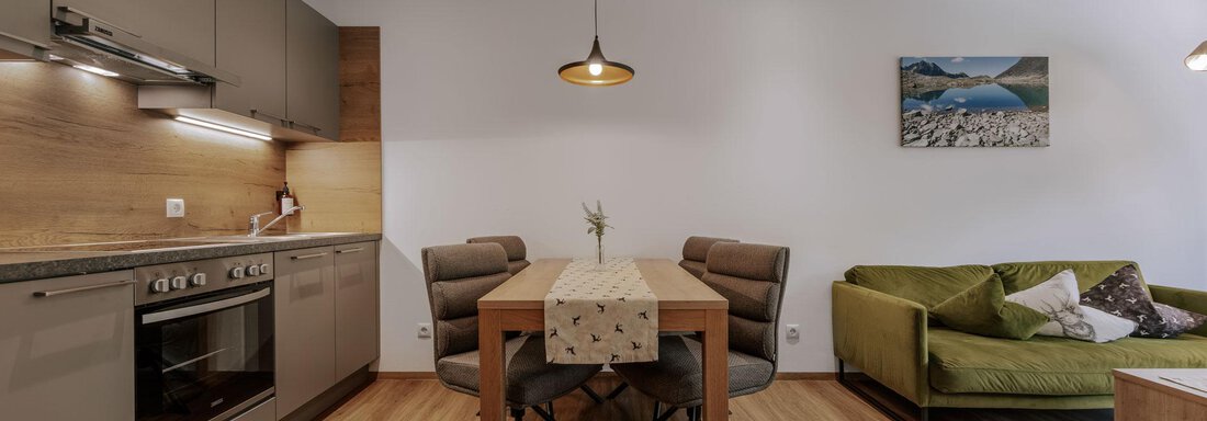 Eine moderne Küche mit einem Esstisch und Stühlen. Im Hintergrund befindet sich eine gemütliche Couch und ein Bild an der Wand. - Apartment Waldesruh - Ochsengarten