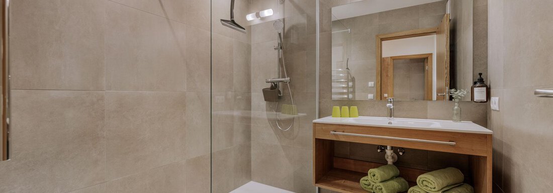 Ein modernes Badezimmer mit einer begehbaren Dusche und einem eleganten Waschbecken. Die Atmosphäre ist sauber und einladend, mit gefalteten Handtüchern in einem warmen Grünton. - Apartment Waldesruh - Ochsengarten