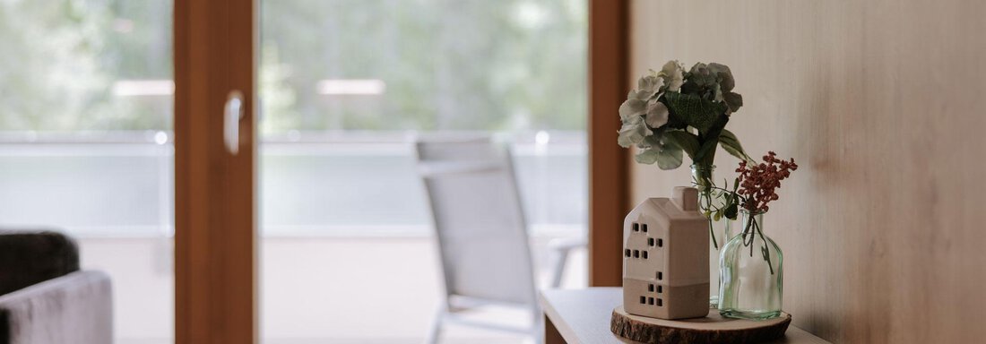 Ein heller Raum mit einem Holzregal und einer Vase mit Blumen. Im Hintergrund sind große Fenster mit Blick auf einen Balkon. - Apartment Waldesruh - Ochsengarten