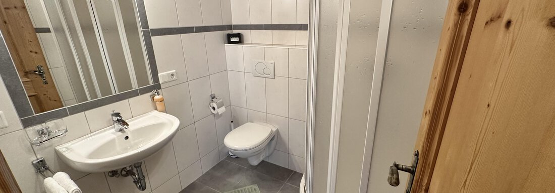 A modern bathroom with a shower, sink, and toilet. It features a wooden ceiling and tiled walls. - Ferienhaus Föger - Ochsengarten