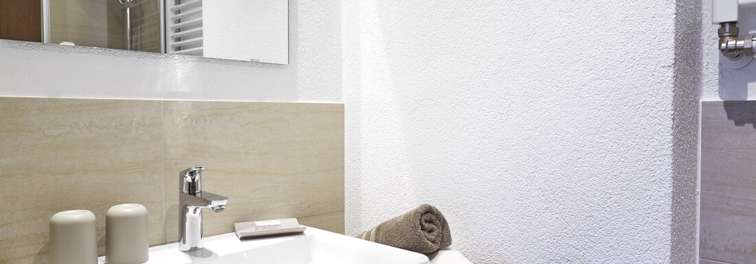 Ein modernes Badezimmer mit einem Waschbecken und minimalistischer Einrichtung. Handtücher und Toilettenpapier sind ordentlich platziert. - Gasthof Walderhof - Ochsengarten