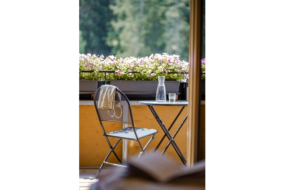 Ein schöner Balkon mit einem Tisch und einem Stuhl. Blumen in Töpfen verleihen der Szene eine entspannte Atmosphäre. - Gasthof Waldesruh - Ochsengarten