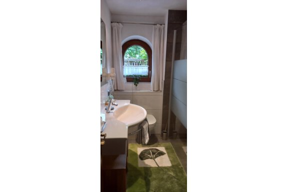 Ein modernes Badezimmer mit einem Waschbecken, einem WC und einer Dusche. Große Fenster sorgen für viel Tageslicht und eine grüne Fußmatte ergänzt die Einrichtung. - Apart Swoboda - Oetz