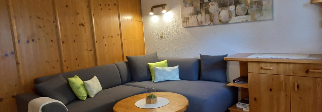 Ein gemütliches Wohnzimmer mit einem grauen Sofa und bunten Kissen. An der Wand hängt ein Kunstwerk und ein runder Holztisch steht in der Mitte. - Apart Swoboda - Oetz