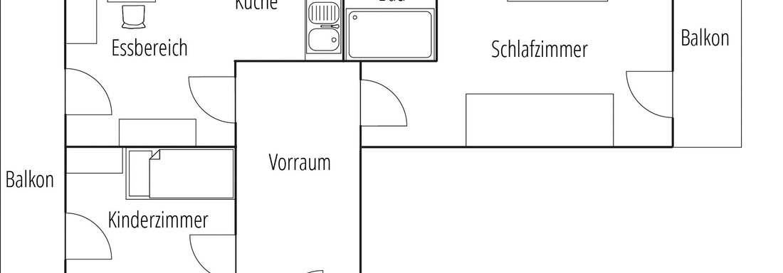 A schematic representation of an apartment. It shows the arrangement of rooms such as kitchen, bedroom, dining area, and balconies. - Appartements Pfausler - Oetz