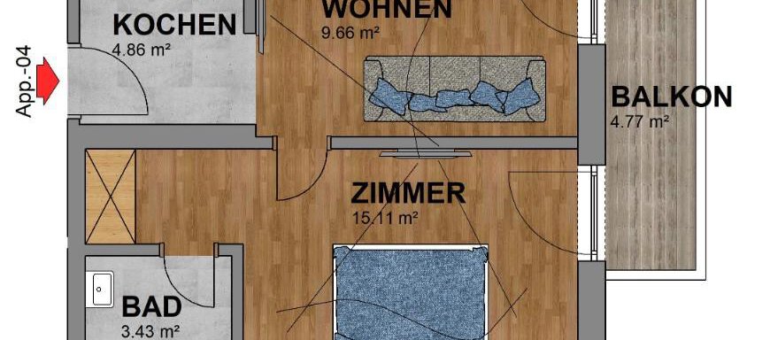An apartment with an open living area, a kitchen, a bedroom, and a balcony. The rooms are clearly marked and offer a practical layout. - Gästehaus Fernblick - Sautens