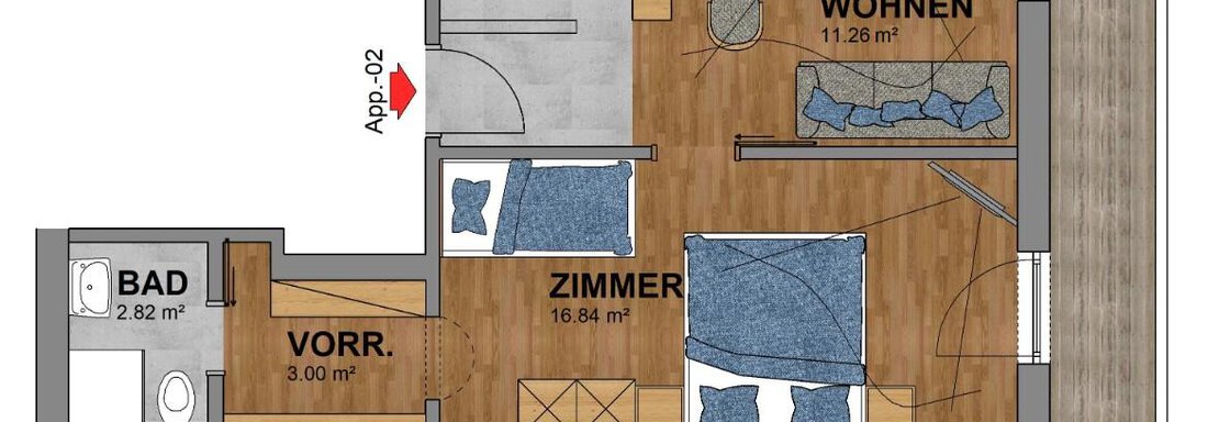 A floor plan of an apartment with a kitchen, a living room, a bedroom, and a balcony. The individual rooms are labeled and the sizes are indicated. - Gästehaus Fernblick - Sautens