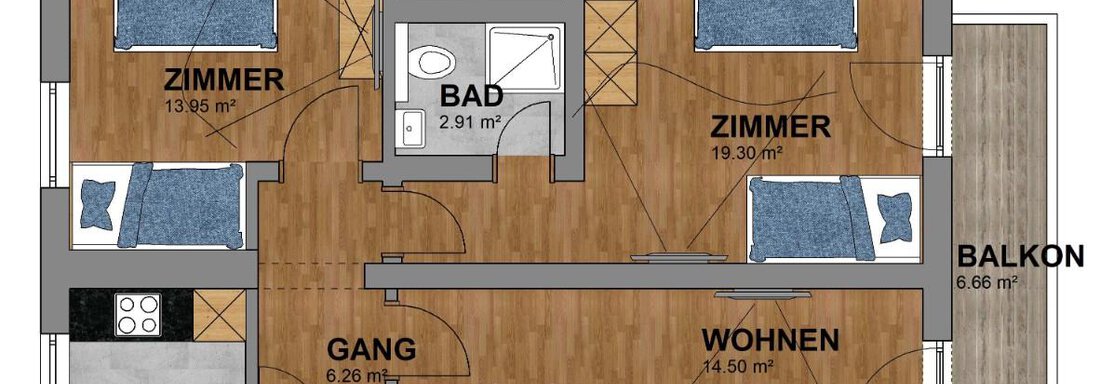 An apartment with two bedrooms, a living room, a kitchen, and several bathrooms. The floor plan also shows a balcony. - Gästehaus Fernblick - Sautens